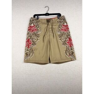 Speedo Mens Board Shorts Tan Red Floral Tribal Print Swim Trunks Size 34 x 8